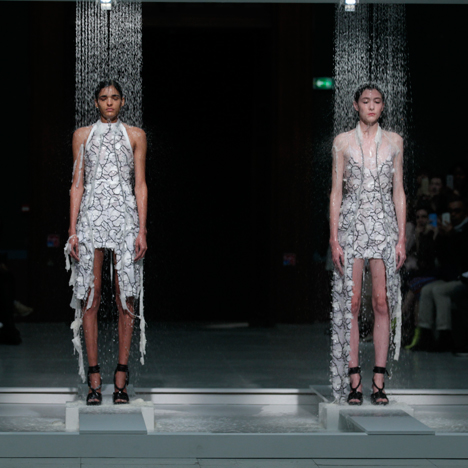 Clothes dissolve on the catwalk during Hussein Chalayan's Spring Summer 2016 show