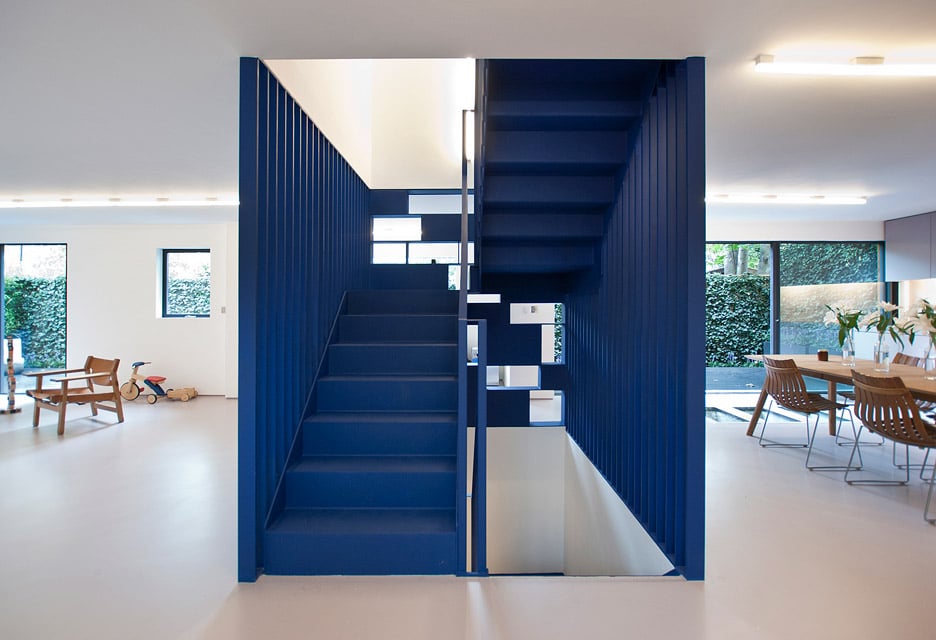 A bright blue staircase