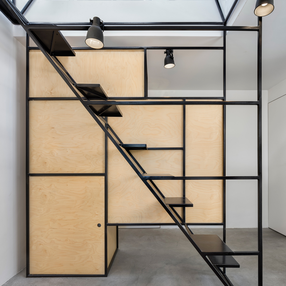 DontDIY installs black wireframe staircase inside house and atelier in Sofia