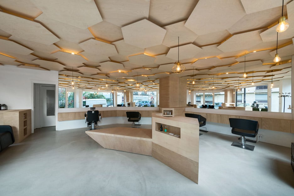 Joshua Florquin adds hexagonal-patterend ceiling to Les Dada East hair salon in Paris