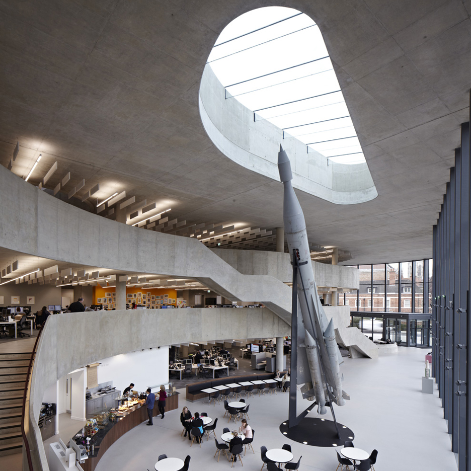 Hiscox office building by Make Architects features a grand staircase and a Soviet rocket
