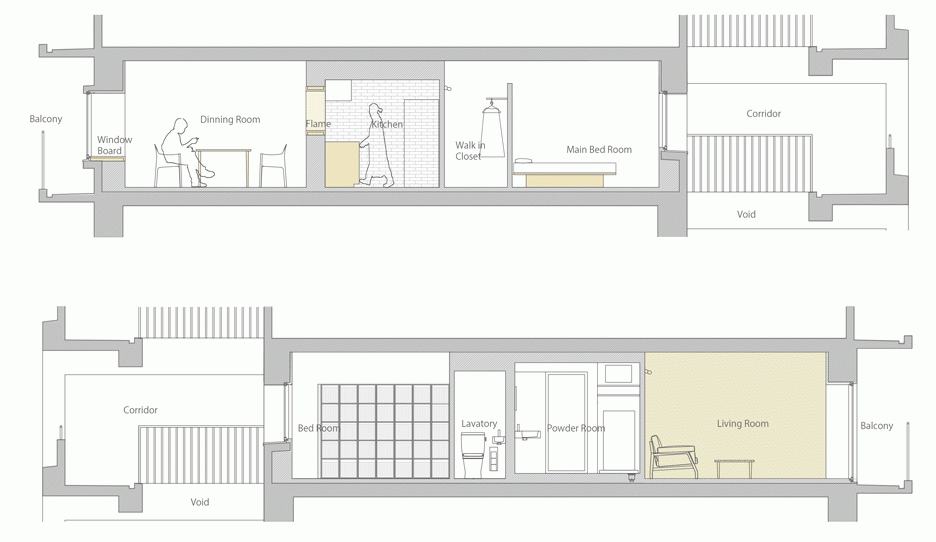 Sections of apartment interior in Machiya by Yumiko Miki Architects