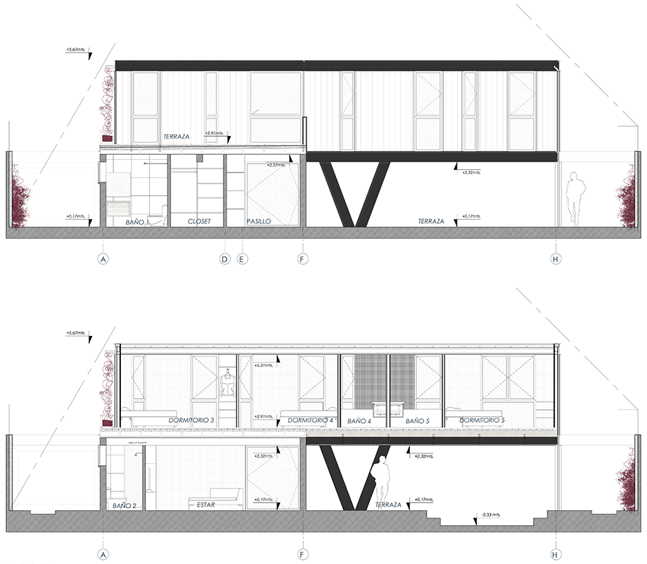 Cross sections A and B of House LG by Gregorio Brugnoli Errázuriz