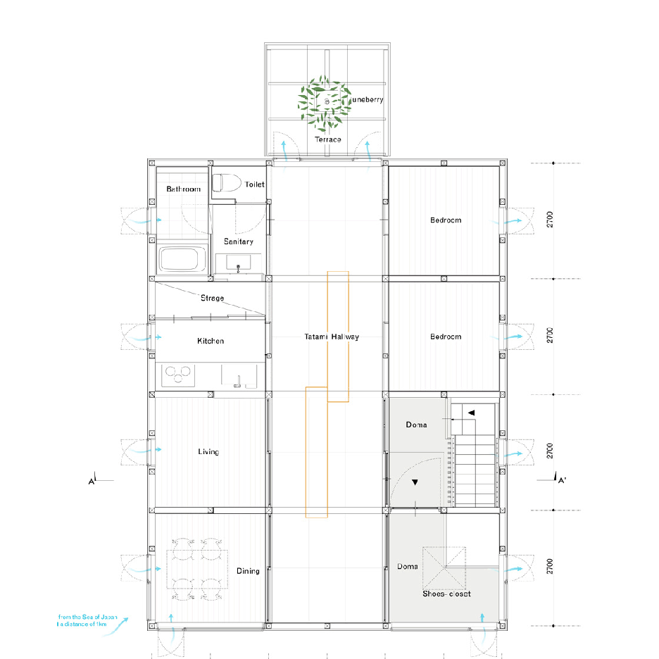 First floor plan of Inari House by Tokmoto Architectures Room in Niigata Japan