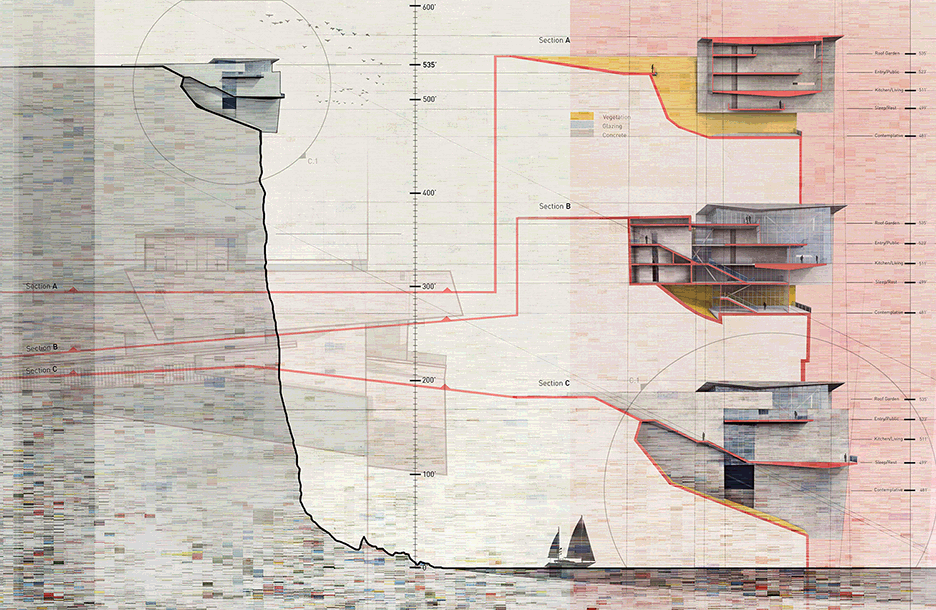 Sections for Cliff Top Retreat by Alex Hogrefe of Visualizing Architecture conceptual concrete architecture