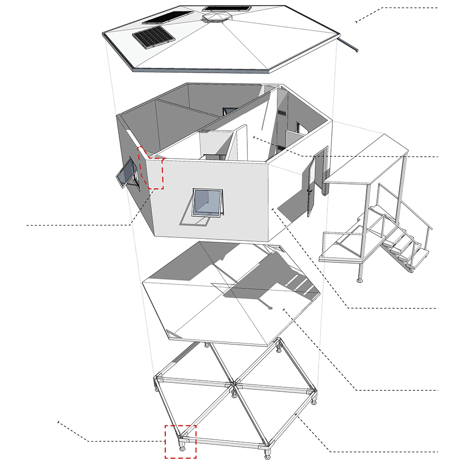 Exploded axonometric Hex House by Architects for Society refugee crisis housing architecture news