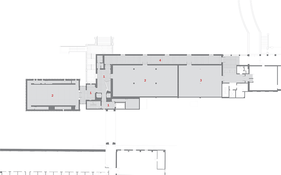 First floor plan of Ringling Asian Arts Centre museum architecture with terracotta tiles, Florida, USA
