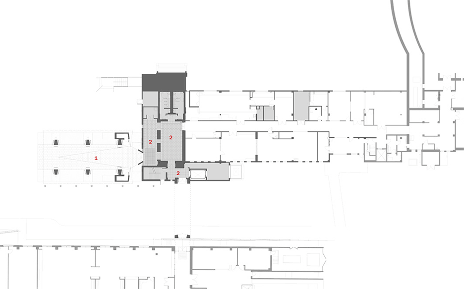 Ground floor plan of Ringling Asian Arts Centre museum architecture with terracotta tiles, Florida, USA