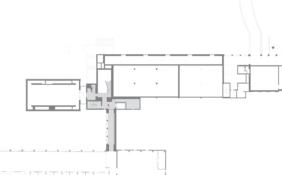 Mezzanine plan of Ringling Asian Arts Centre museum architecture with terracotta tiles, Florida, USA