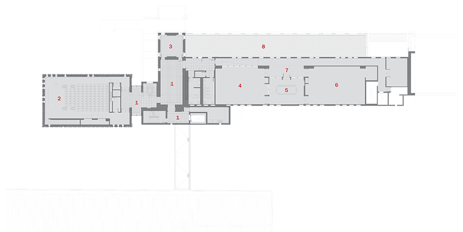Second floor plan of Ringling Asian Arts Centre museum architecture with terracotta tiles, Florida, USA