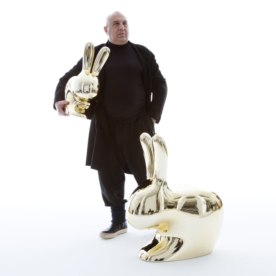 Stefano Giovannoni with his Rabbit Chairs for his online design brand Qeeboo