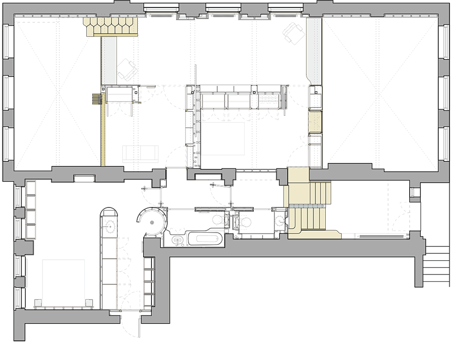 First floor plan of The Lycée by Knox Bhavan Architects, a residential renovation and conversion in London, UK