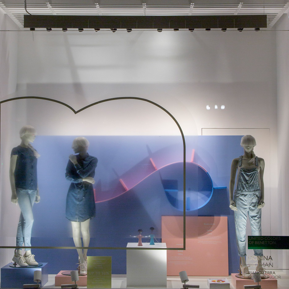 Tribute to Domus window display by Fabrica in Rose Quartz Serenity pantone colours of the year at United Colors of Benetton Milan Design Week