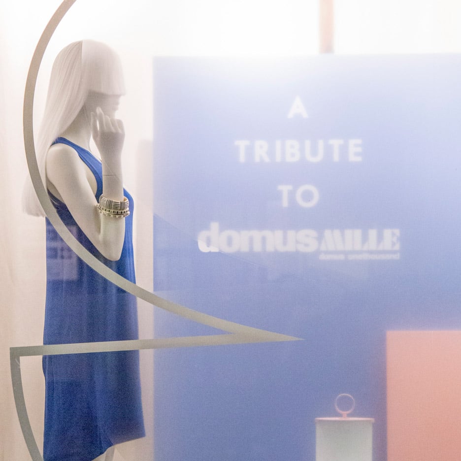 Tribute to Domus window display by Fabrica in Rose Quartz Serenity pantone colours of the year at United Colors of Benetton Milan Design Week