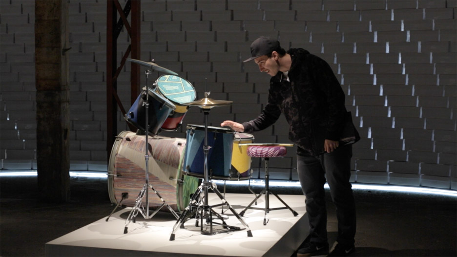 Martino Gamper create's drum kits with Flyknit skins at Nike's The Nature of Motion exhibition in Milan 2016
