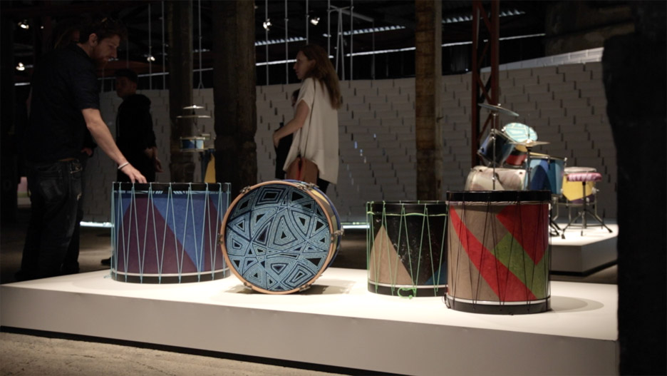 Martino Gamper create's drum kits with Flyknit skins at Nike's The Nature of Motion exhibition in Milan 2016