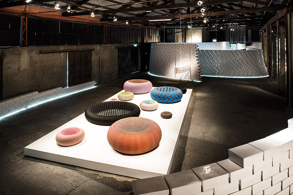 Bertjan Pot's woven seats at Nike's The Nature of Motion exhibition in Milan