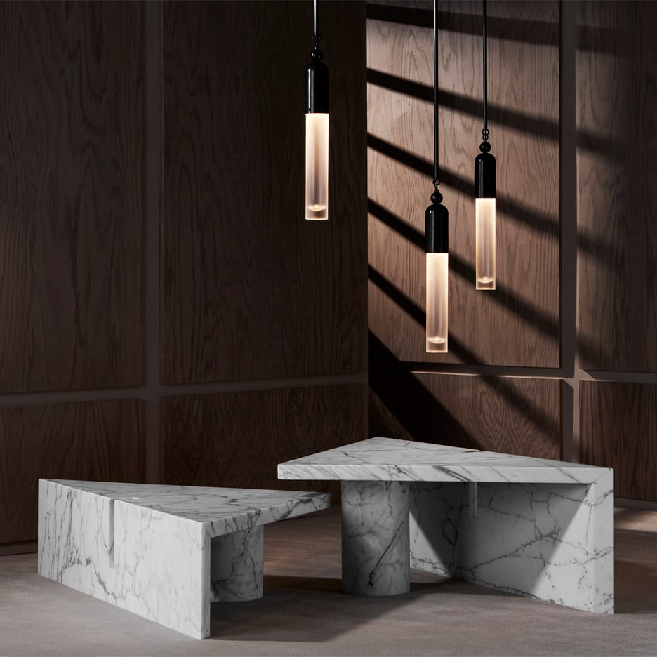 Apparatus extends furniture and lighting collection with marble and brass pieces