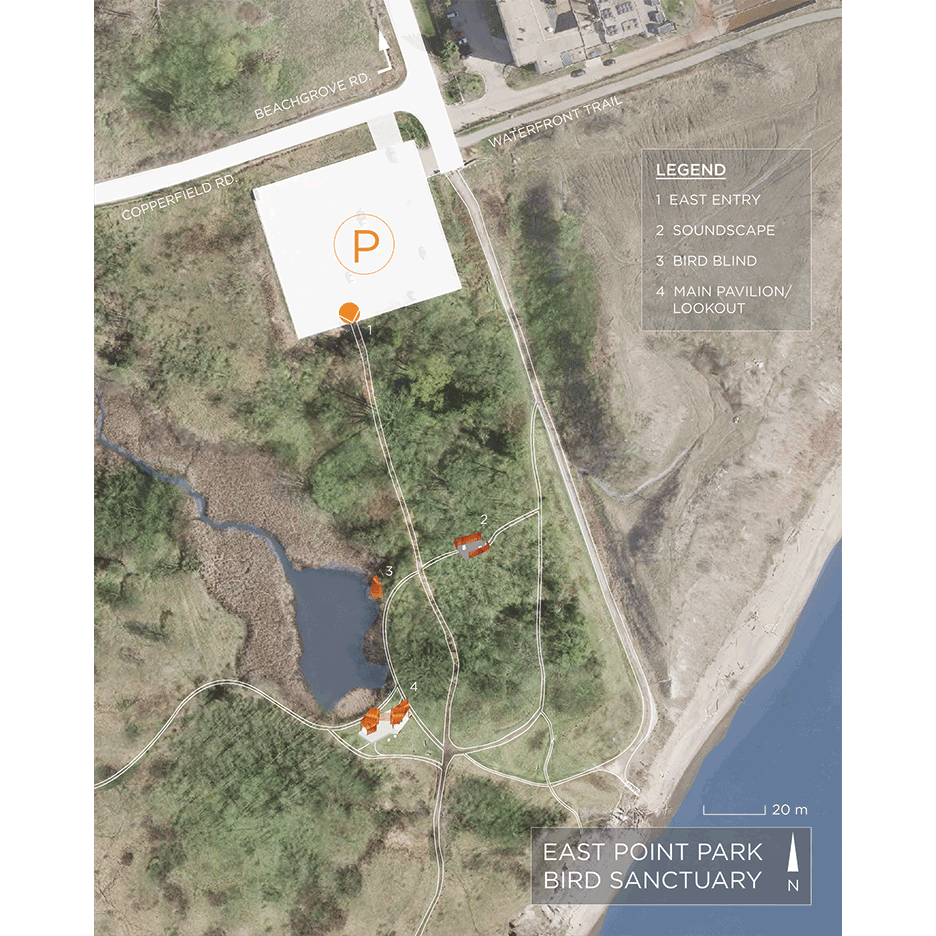 Site plan of East Point Park bird sanctuary weathering steel pavilions by Plant Architect in Toronto, Ontario Canada