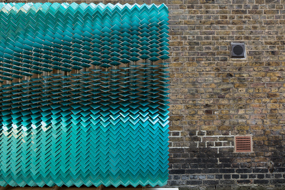 Scale-like glass tile sculpture installation as wayfinding for Clerkenwell Design Week 2016 by Giles Miller Studio