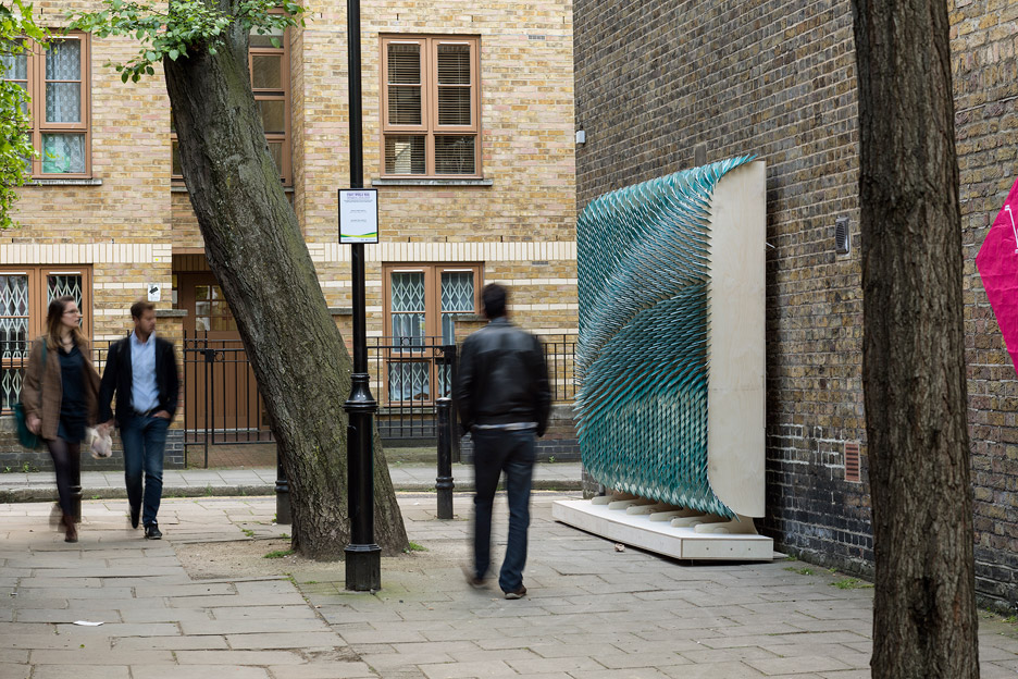 Scale-like glass tile sculpture installation as wayfinding for Clerkenwell Design Week 2016 by Giles Miller Studio