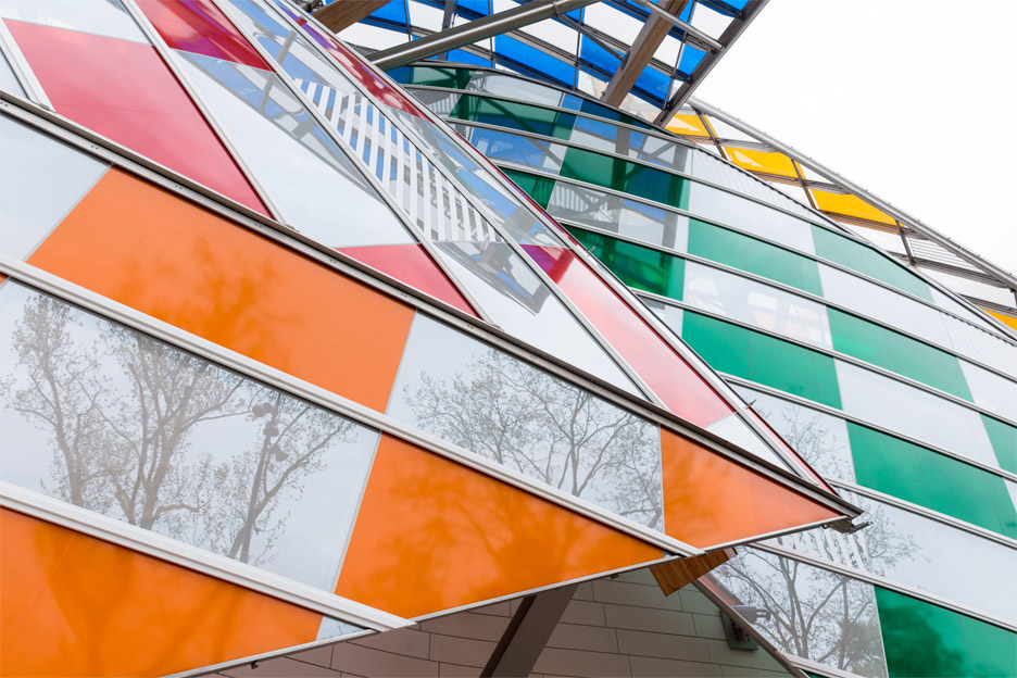 Observatory of Light multicoloured glass installation by Daniel Buren at the Fondation Louis Vuitton by Frank Gehry in Paris, France