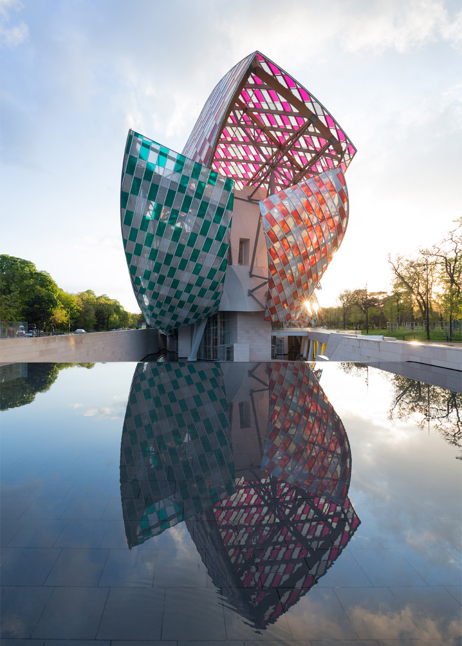 Observatory of Light multicoloured glass installation by Daniel Buren at the Fondation Louis Vuitton by Frank Gehry in Paris, France
