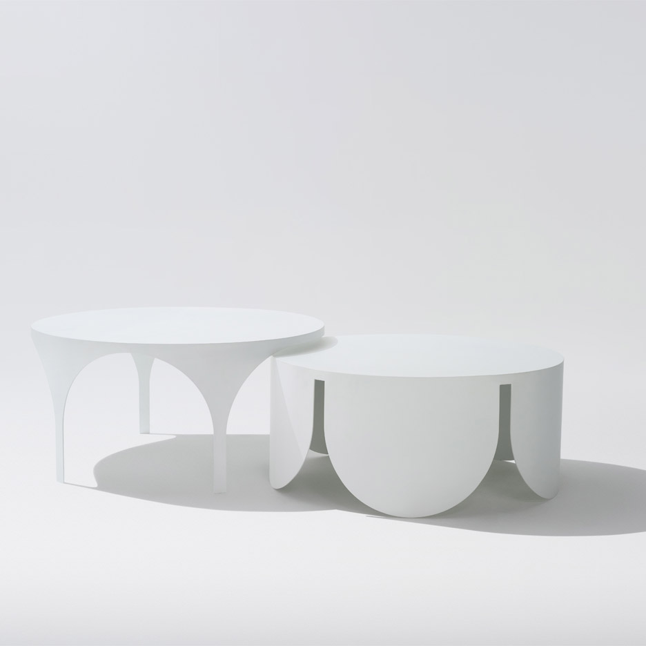 White coated steel coffee tables designed by Boardgrove Architects