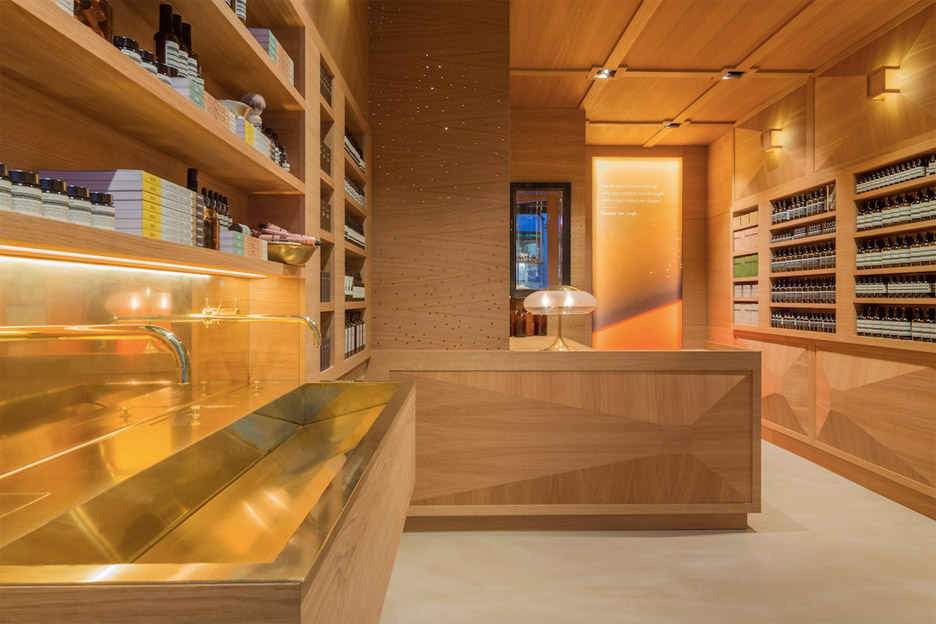 Aesop store in Oslo designed by Snøhetta covered with three dimensional oak panels