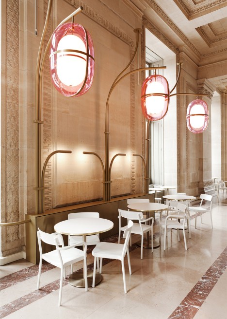 Mathieu Lehanneur adds pink light fittings to interior of Louvre's Cafe Mollien