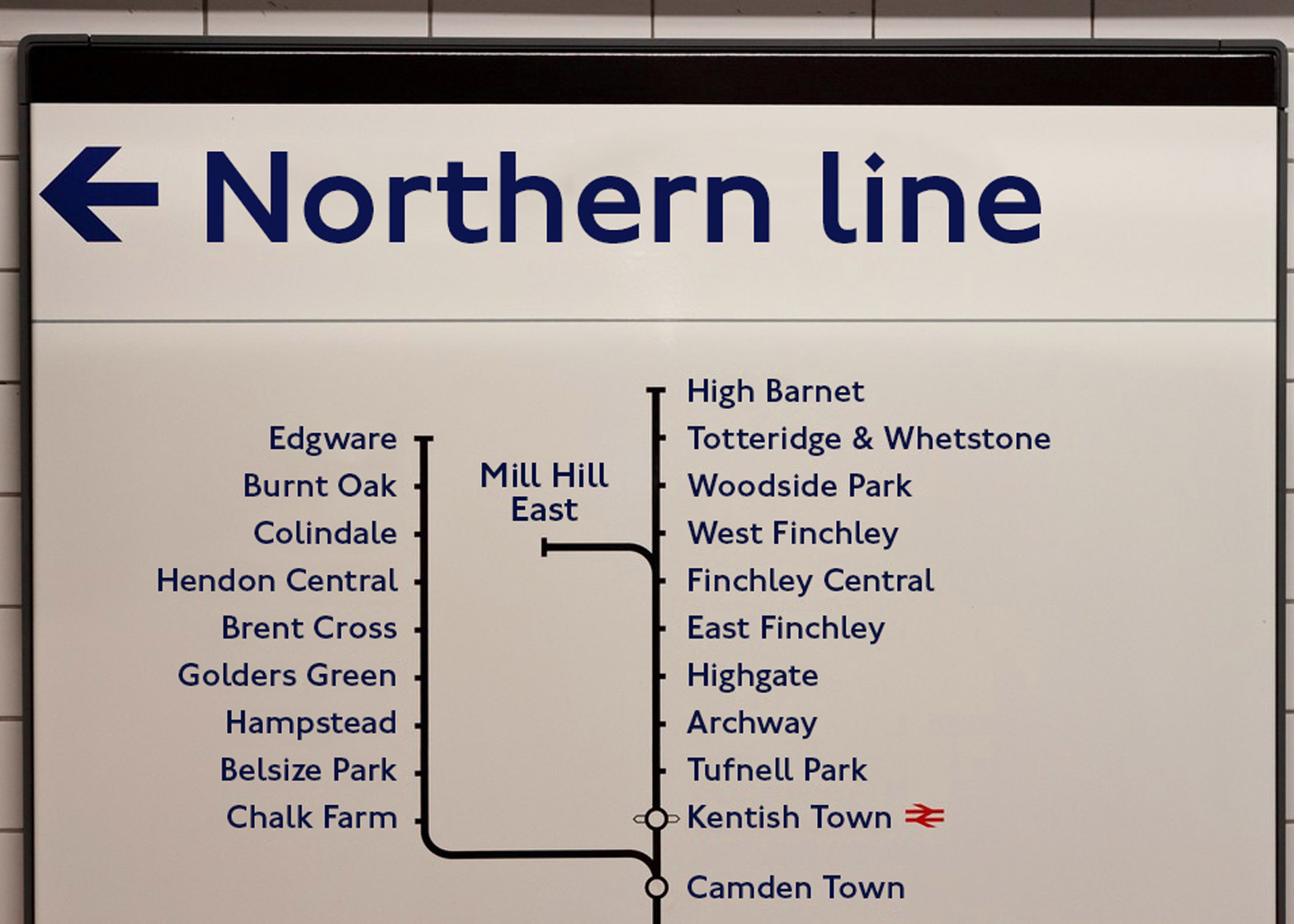 An example of the font on the list of stations on the Northern Line.