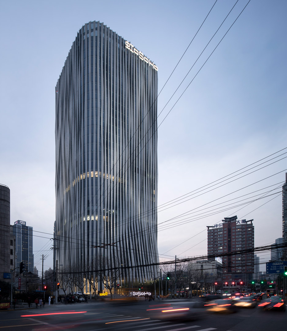 Strips of pleated aluminium are added to the facade of this Shanghai tower by Kengo Kuma