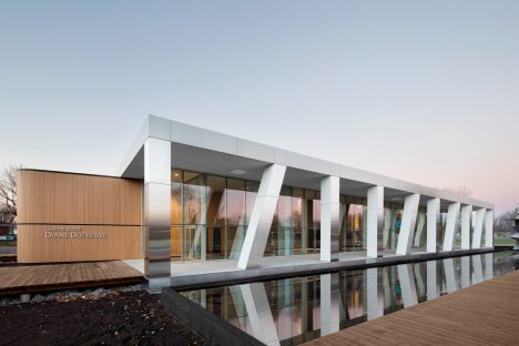Chunky steel-clad columns front ACDF's Diane Dufresne Art Centre in Canada