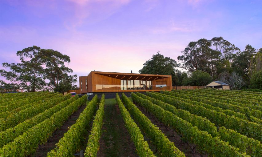 Red Hill Residence by Finnis Architects has a funnel-shaped deck overlooking a winery