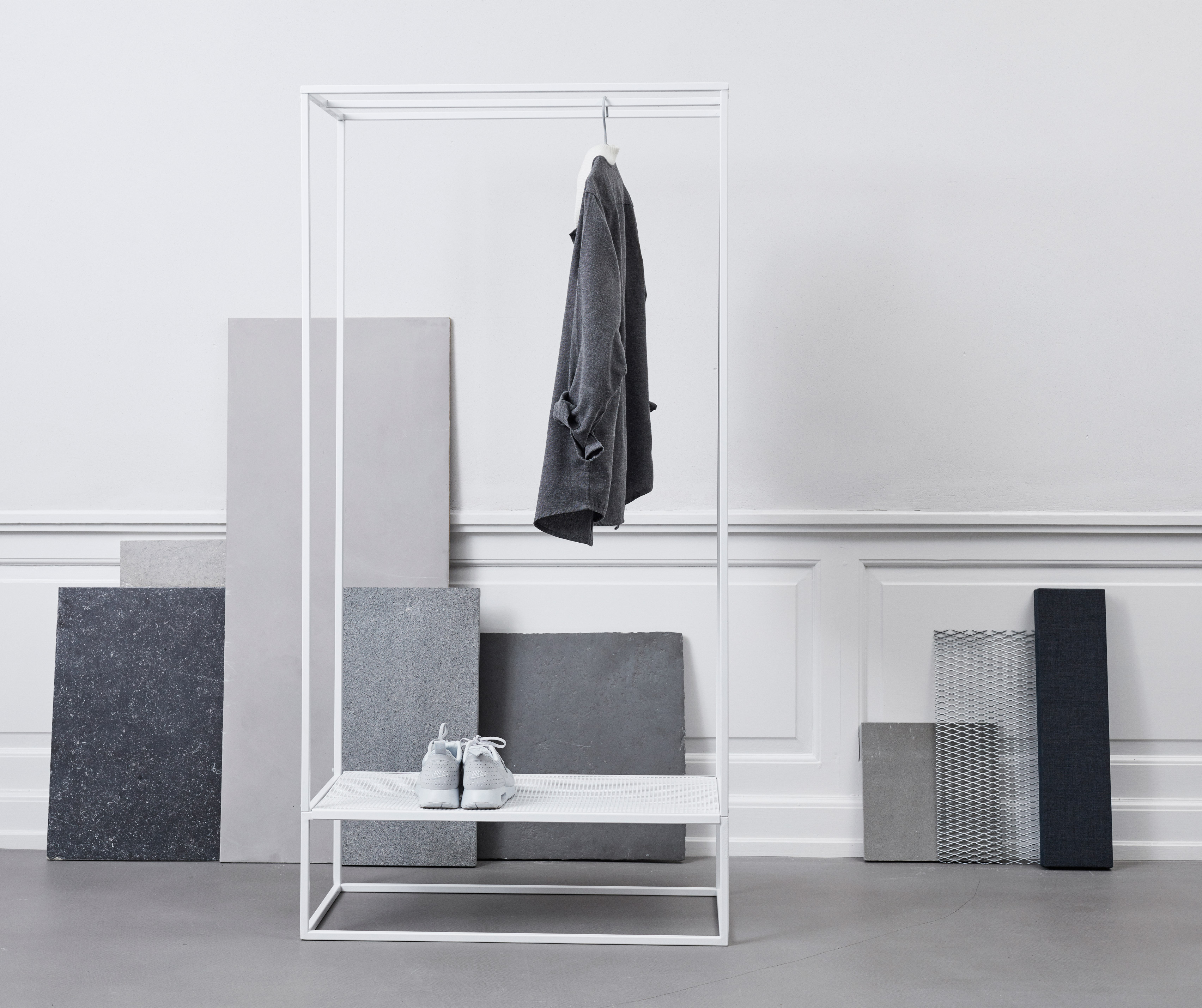 Geometric coat stands and book shelves feature in Kristina Dam's Sculptural Minimalism collection