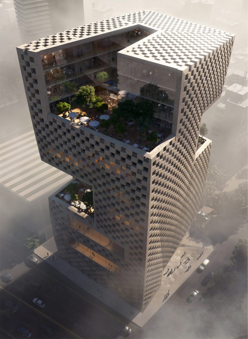 Snøhetta unveils plans for Beirut bank featuring checkerboard cladding and elevated gardens