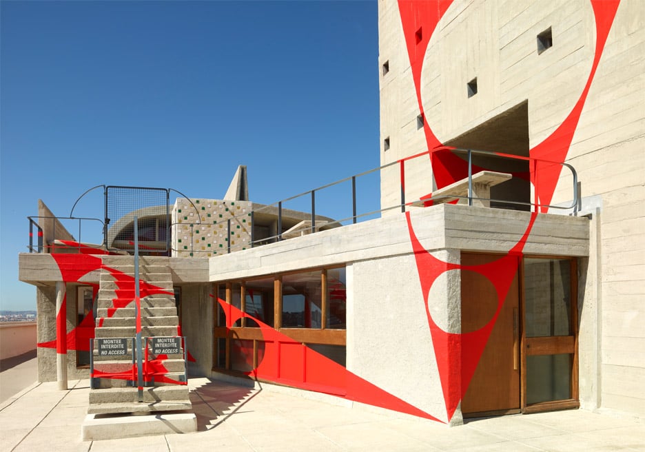 Felice Varini transforms rooftop of Le Corbusier's MAMO into optical illusion