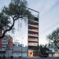 Wedge-shaped balconies front Carlos Mar&iacute;n's skinny apartment block in Mexico City