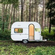 Five AM transforms caravan into mobile studio with pop-up table and pegboard walls