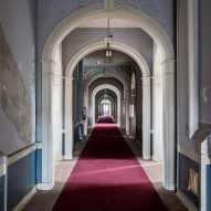 Administration Red Carpet Hallway Matt Van der Velde Architecture Abandoned Asylums Interior Jonglez Publishing