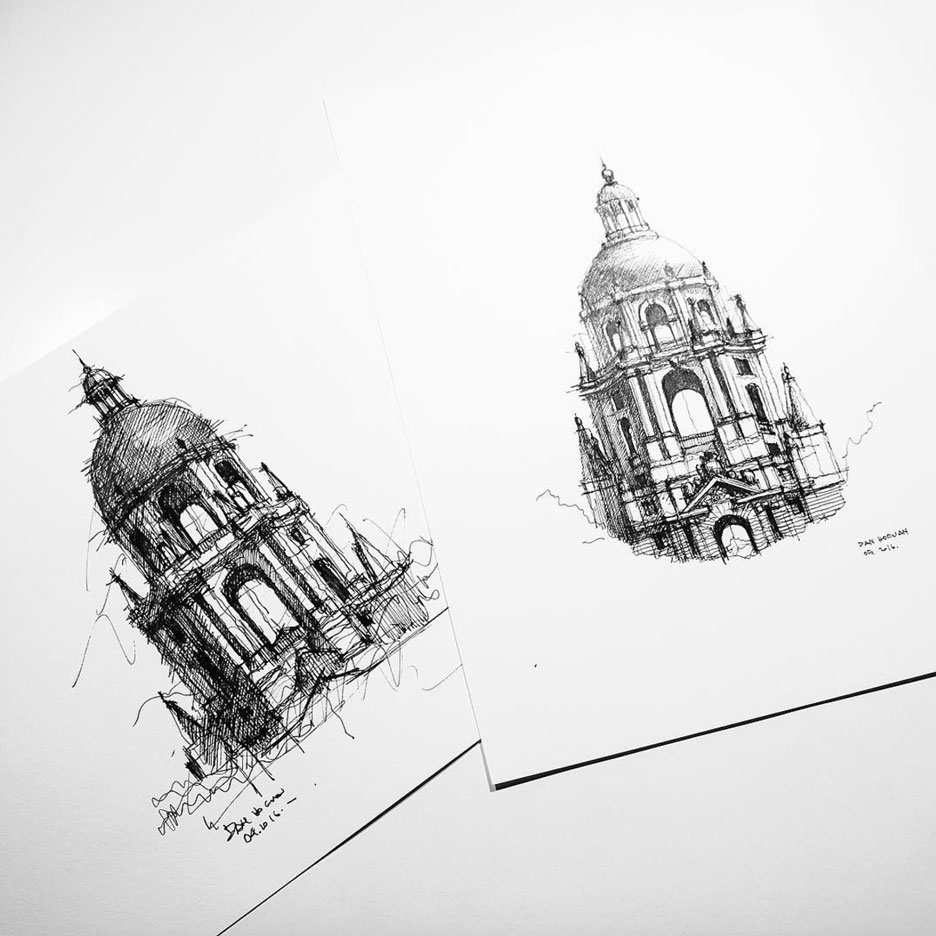 ink drawings of buildings