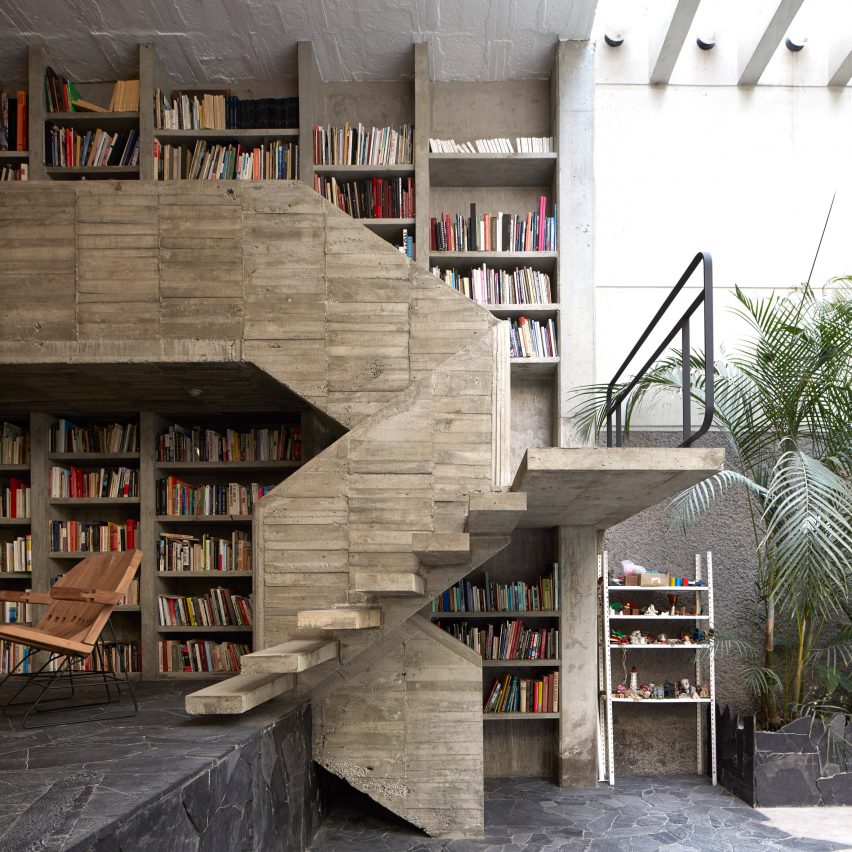 Board-formed concrete chair in Pedro Reyes House