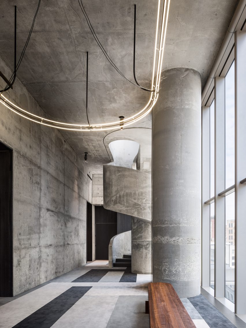  Concrete interior of amenities of 56 Leonard by Herzog & de Meuron