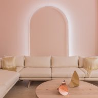 Lights trace arches and doorways at The Future Perfect's pink-toned New York exhibition