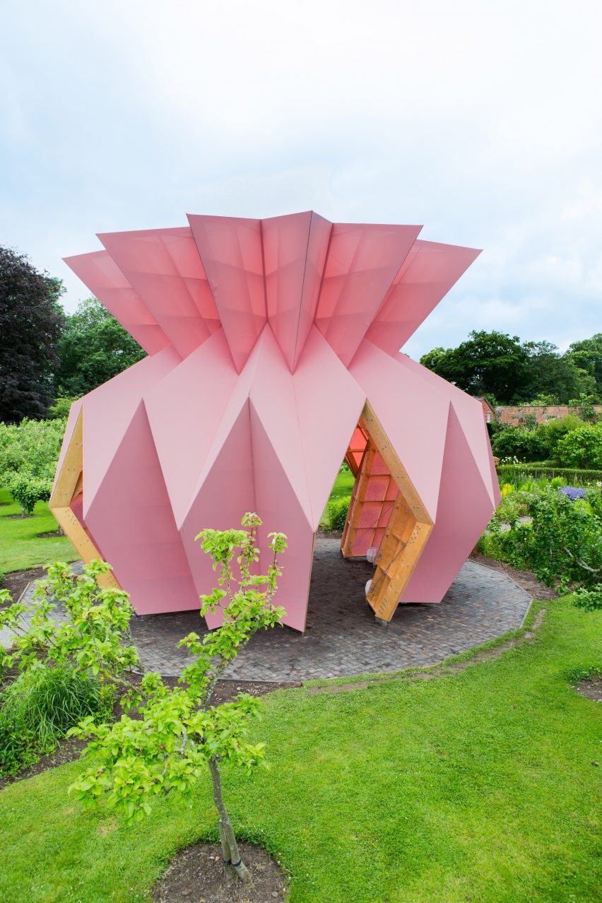 Studio Morison construct origami-like pink pavilion at the National Trust estate, Berrington Hall