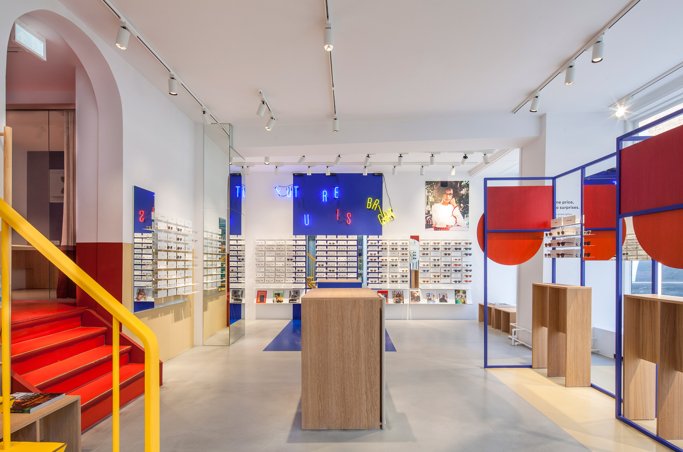 Ace & Tate's Copenhagen eyewear store features blocks of primary colour