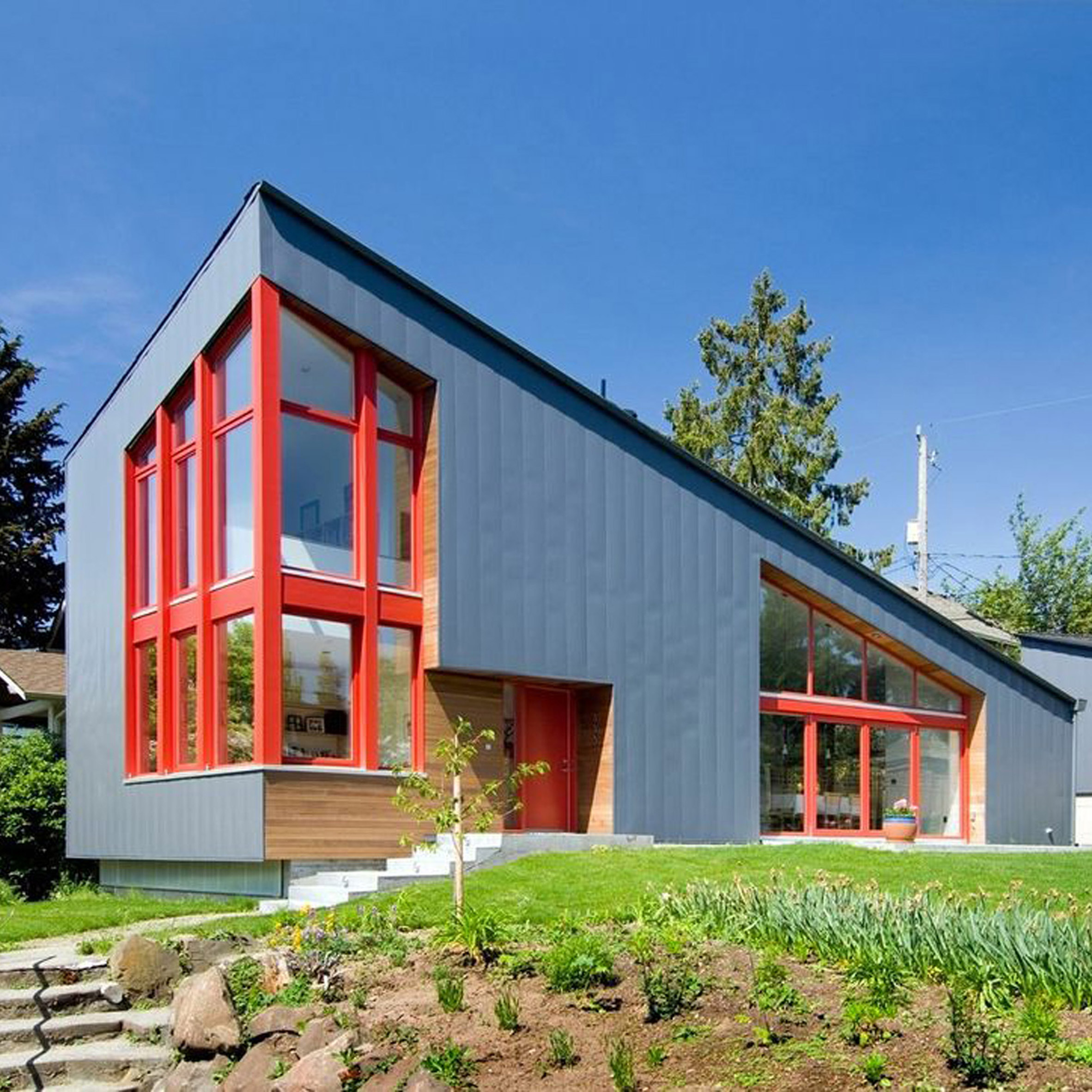 Red frames accent angular Seattle house by Stettler Design |