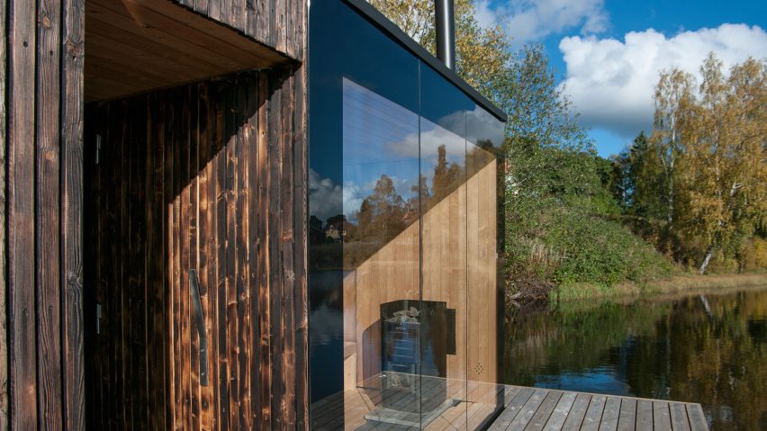 Small Architecture Workshop's charred-wood sauna floats on Swedish lake
