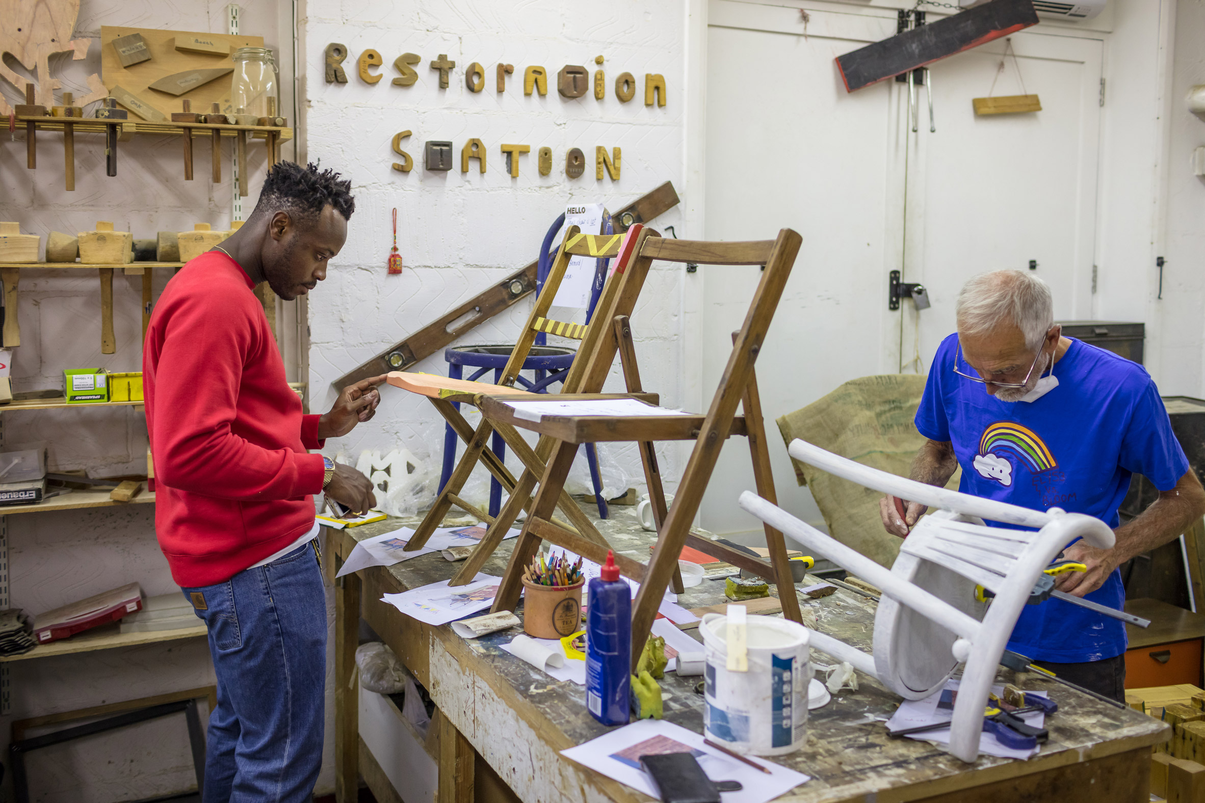 Yinka Ilori creates chairs in Restoration Station workshops