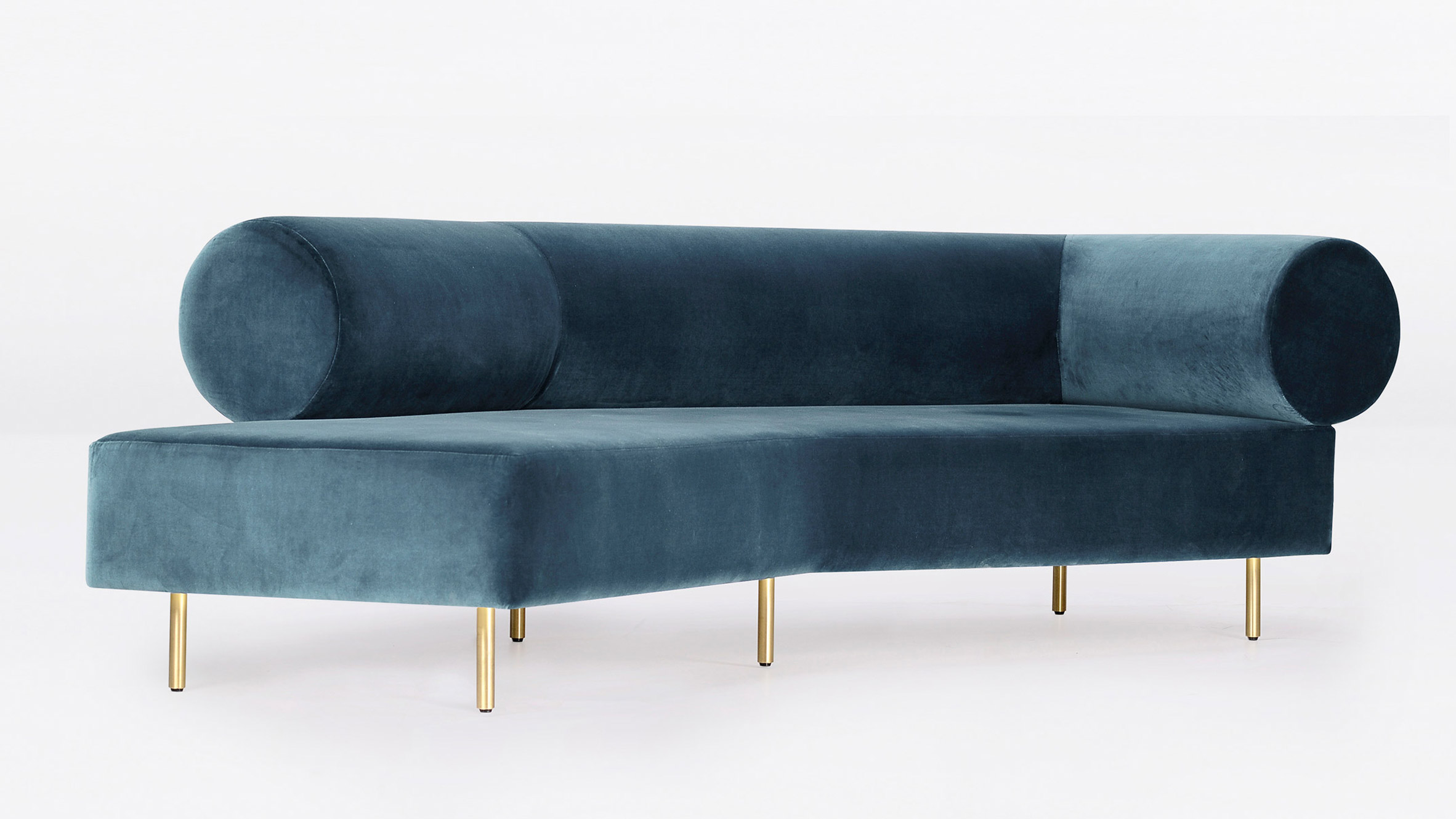 Paolo Ferrari uses rolled velvet cushions and bleached wood for Editions furniture collection